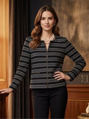 LOFT Black Striped Zip-Front Jacket with Gold Accent Stripes